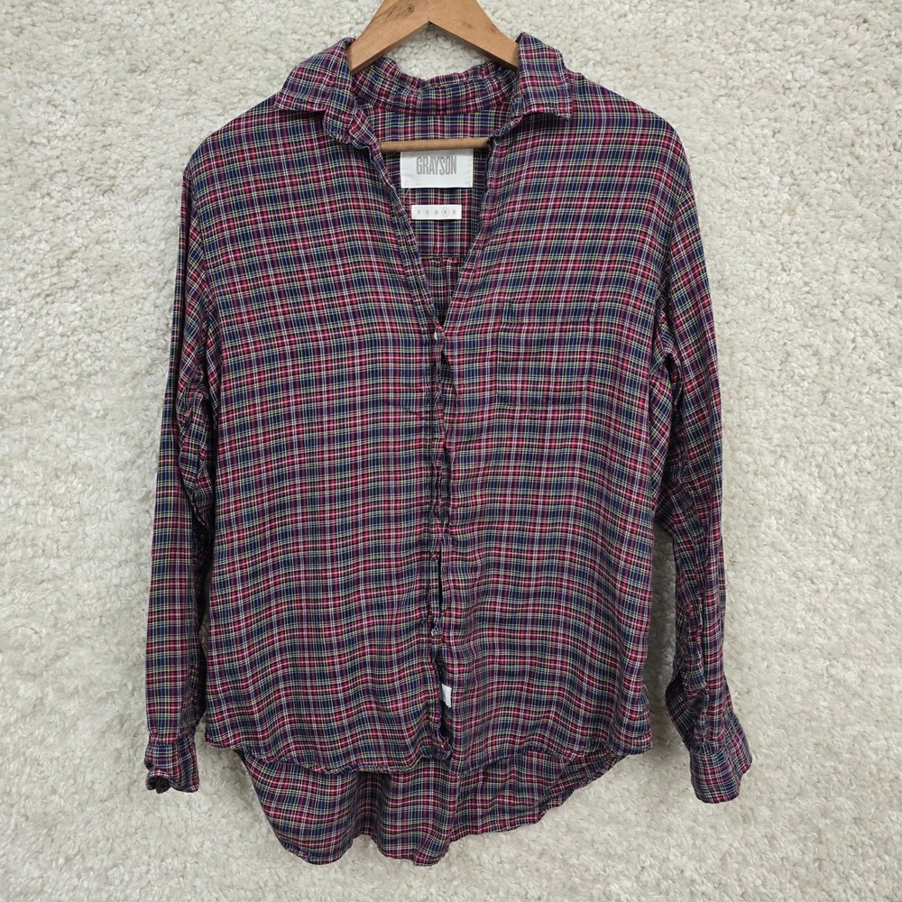 Grayson The Hero Shirt Women 4 Large Navy Red Plaid Lyocell Button Down‎ Preppy